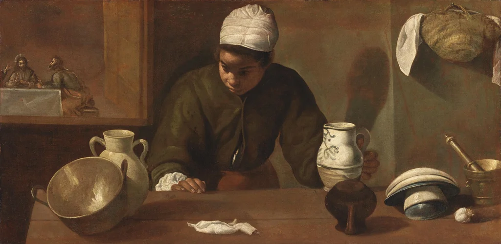 Escena de cocina con la cena de Emaús