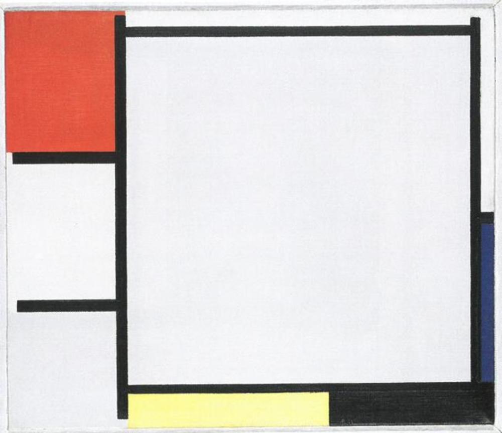Composizione con rosso, blu, giallo, nero e grigio