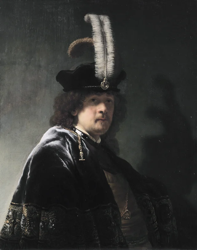 Self-portrait wearing a white feathered bonnet