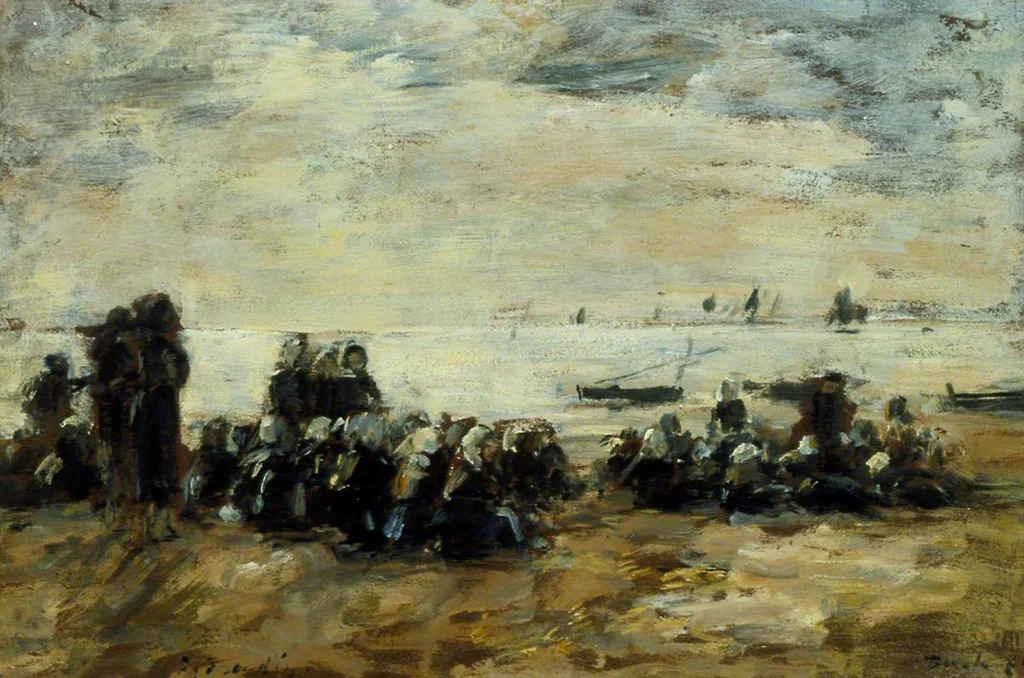 Frauen, die am Strand von Berck auf die Fischerboote warten