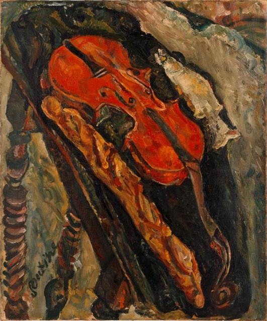 Bodegón con violín, pan y pescado