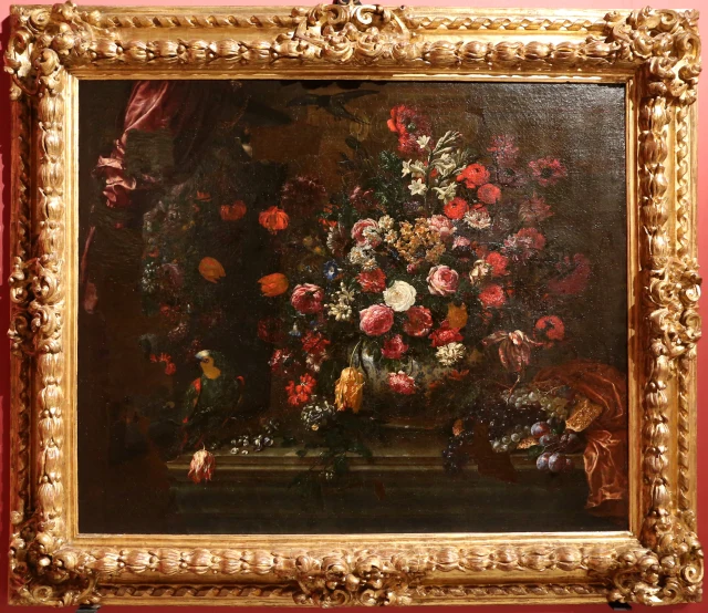 Bouquet of Flowers with Fruit, a Parrot and a Mirror