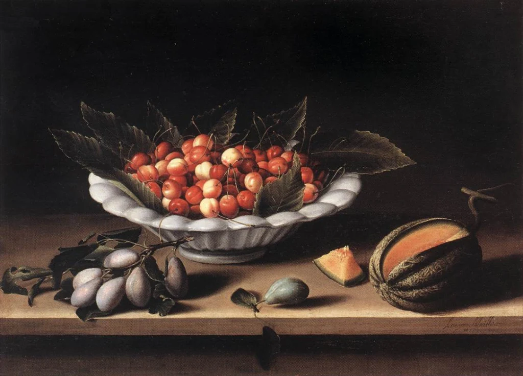 Coupe de cerises, prunes et melon
