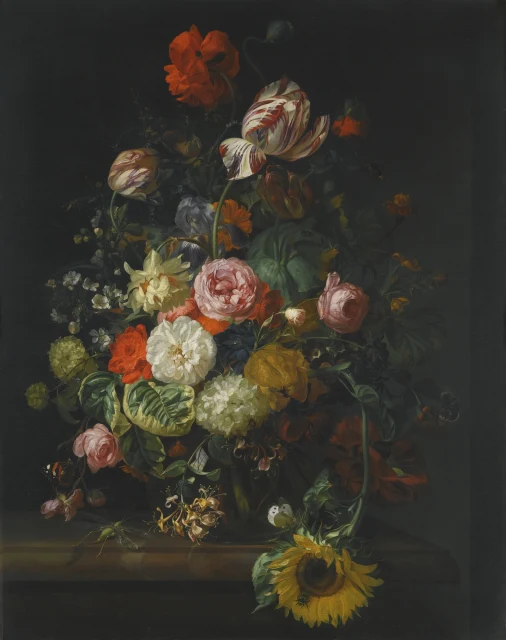 Still Life of Flowers in a Glass Vase on a Marble Ledge