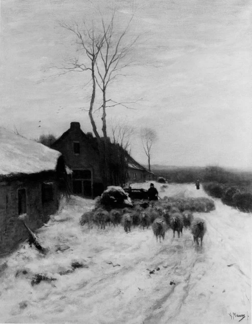 Зимний пейзаж с овцами