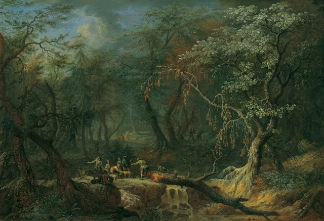Forest Landscape with Fallen Tree and Hunters