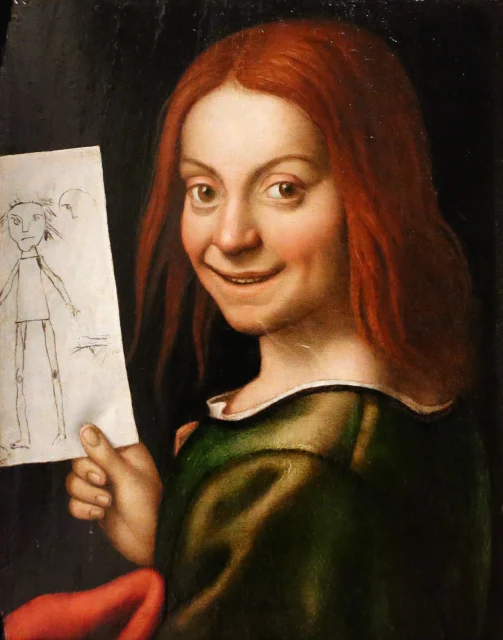 Portrait of a Boy Holding a Child's Drawing