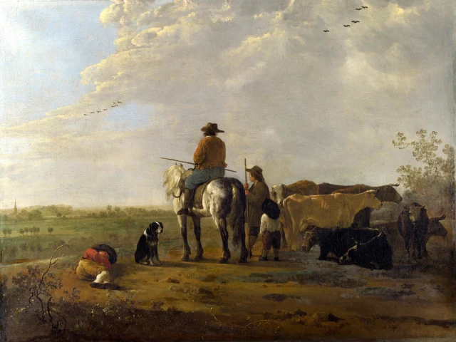 A Horseman with a Cowherd and Two Boys in a Meadow, and Seven Cows
