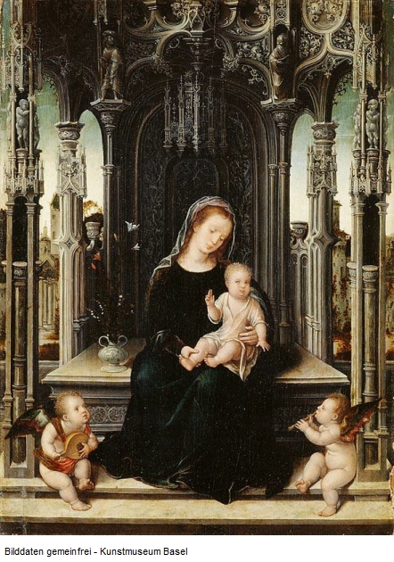 Enthroned Mary with Child and Two Angels Making Music
