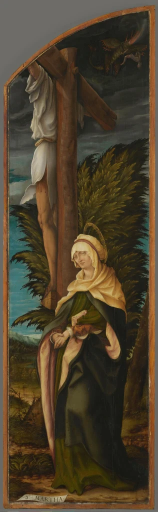 Retable de la Crucifixion, volet droit, face intérieure : le Mauvais Larron et sainte Marthe