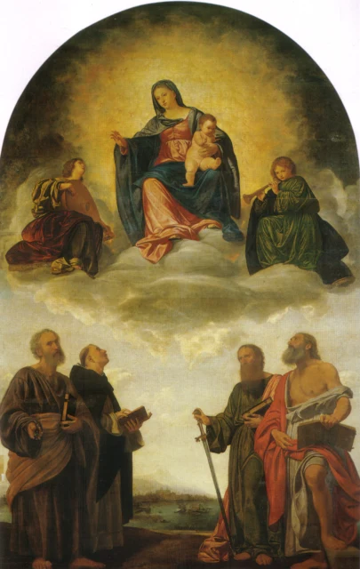 La Virgen en gloria con el Niño, dos ángeles músicos y los santos Pedro, Domingo, Pablo y Jerónimo (Retablo de Pesaro)
