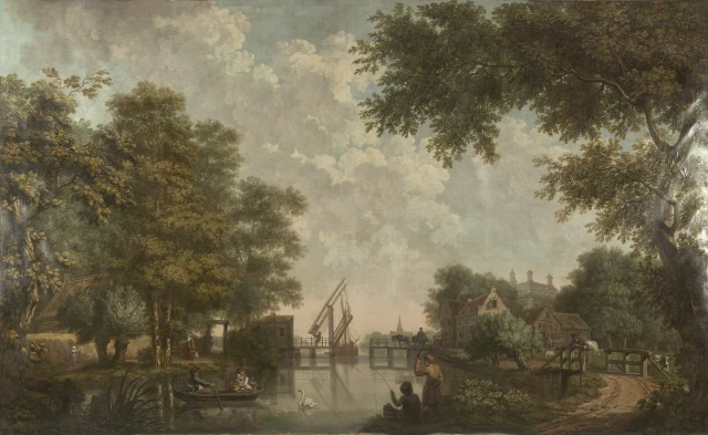 Painted Wall Hanging of a Dutch Landscape with an Open Bridge