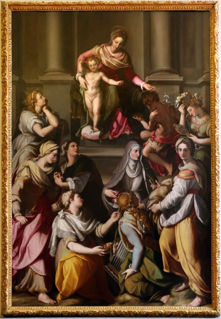 Madonna and Child Enthroned with the Young Saint John, Saints Lucy, Cecilia, Agnes, Apollonia, Catherine and Elizabeth, and Allegories of the Active and Contemplative Life