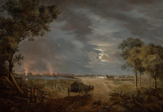 Veduta del ponte provvisorio dell'esercito francese verso la Lobau (notturno al chiaro di luna)