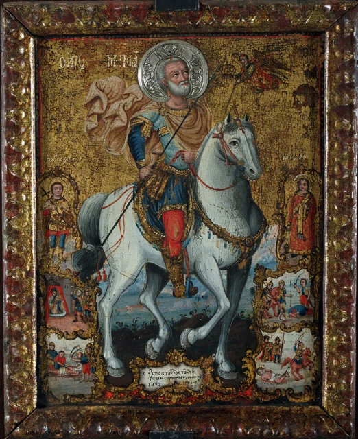 San Menas a cavallo, con scene della sua vita, san Vittore e san Vincenzo