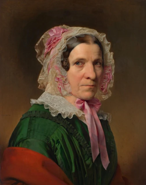 Portrait of an Elderly Lady with Lace Bonnet and Pink Ribbons