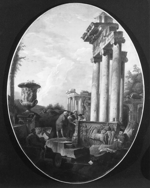 Capriccio mit römischen Ruinen und dem Relief eines Wagenlenkers