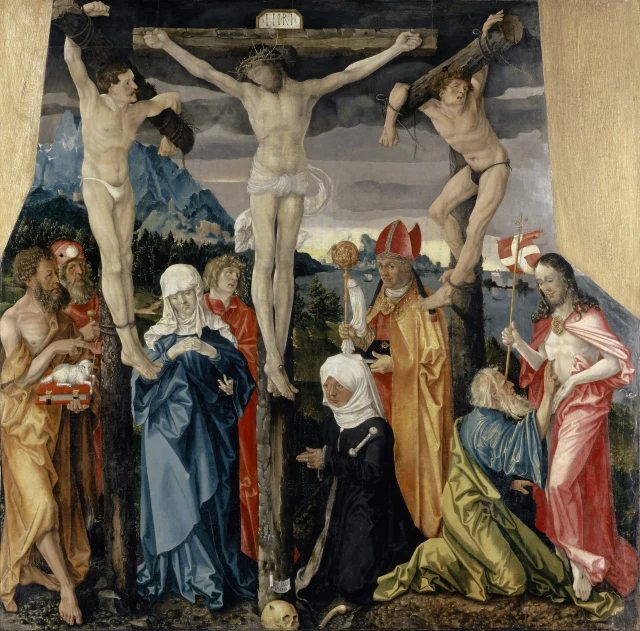 Christ Crucified with the Thieves, Saints, and a Female Donor