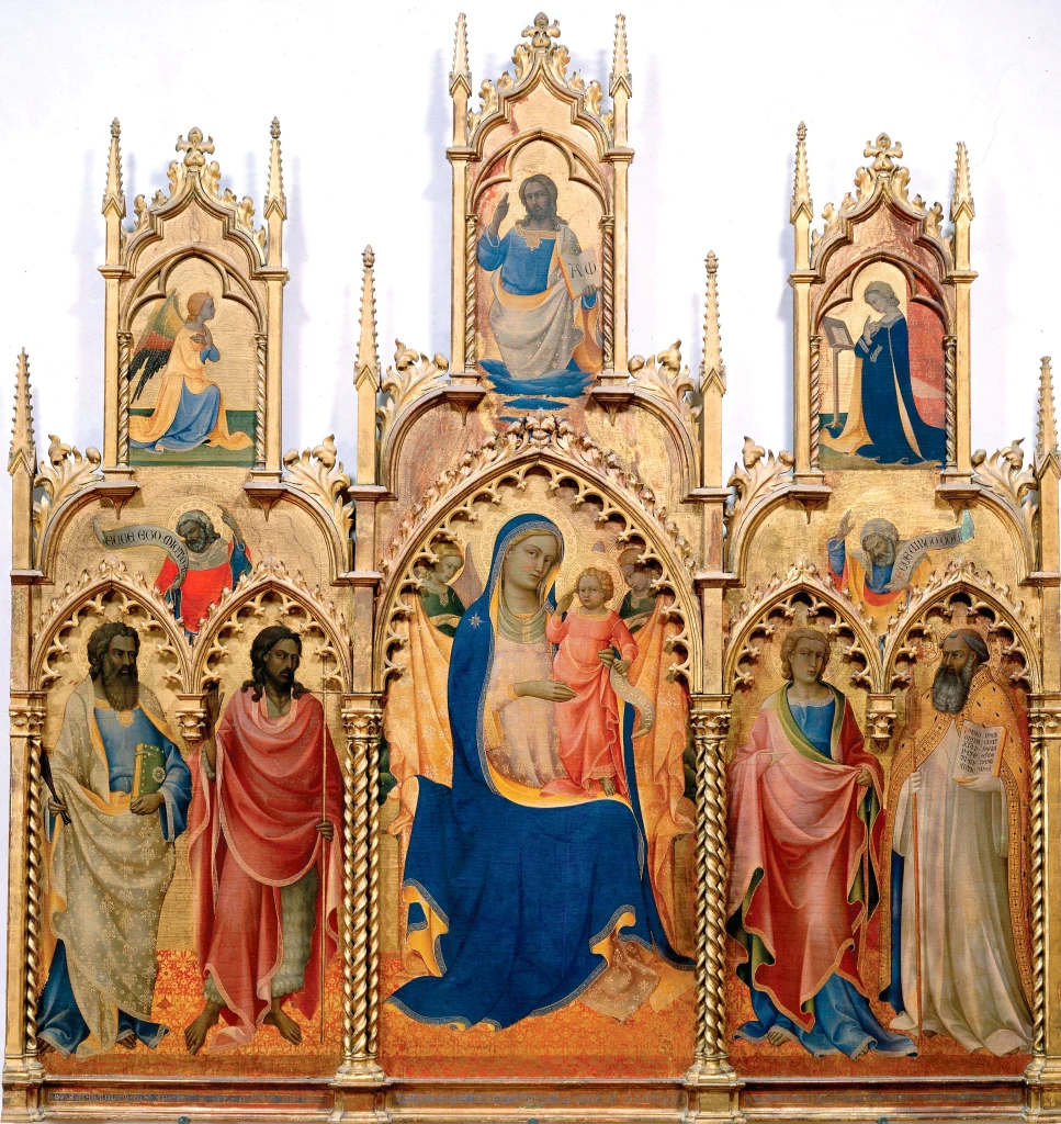 Thronende Madonna mit Kind und den Heiligen Bartholomäus, Johannes dem Täufer, Thaddäus und Benedikt (Altarbild von Monte Oliveto)