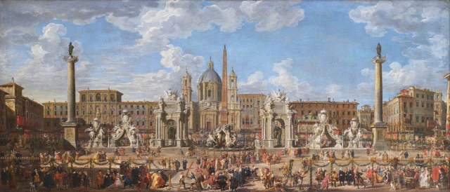 Vorbereitungen für das Feuerwerk und das Fest auf der Piazza Navona in Rom zur Geburt des Dauphins (30. November 1729)
