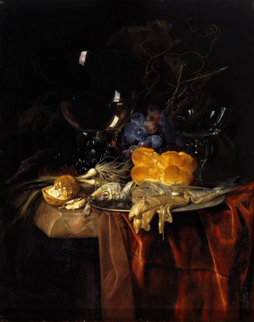 Still life with a roemer, fish, bread, walnuts, onions and grapes on a dark cloth