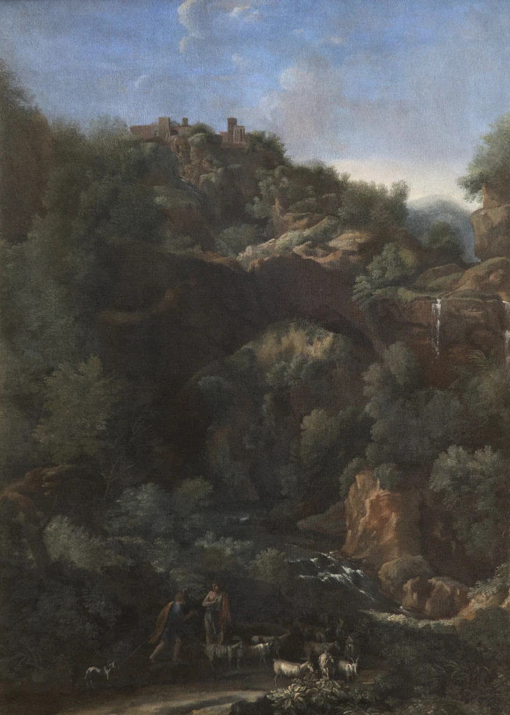 Herd of Goats at the Foot of a Waterfall
