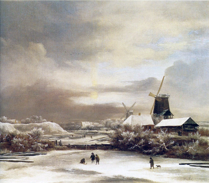 Paisaje invernal con dos molinos de viento