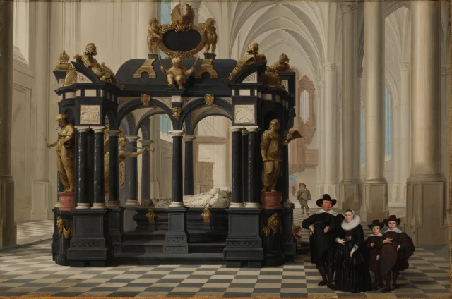 Eine Familie am Grabmal Wilhelms I. (Wilhelms des Schweigers) in der Nieuwe Kerk in Delft