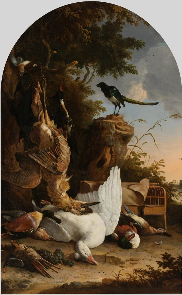 A Hunter's Bag near a Tree Stump with a Magpie, Known as 'The Contemplative Magpie'