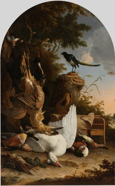 A Hunter's Bag near a Tree Stump with a Magpie, Known as 'The Contemplative Magpie'