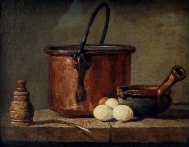 Kitchen Utensils with Cauldron, Frying Pan and Eggs